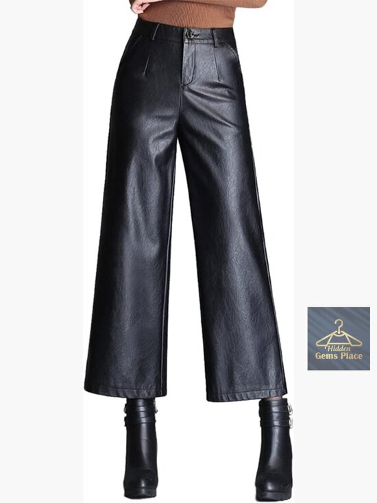 Pants - High Waist Wide Leg Faux Leather Palazzo Pants Elastic Waist